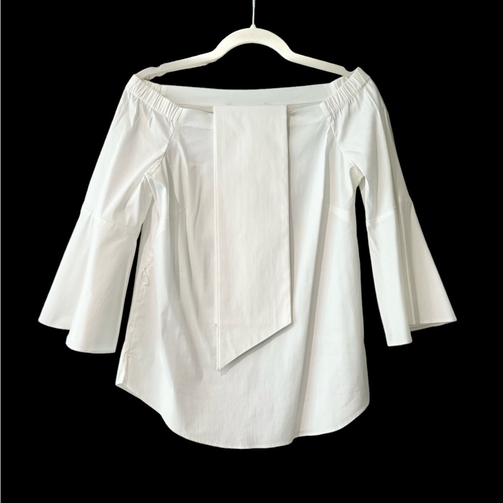 White cotton blouse off the shoulder tie at waist
